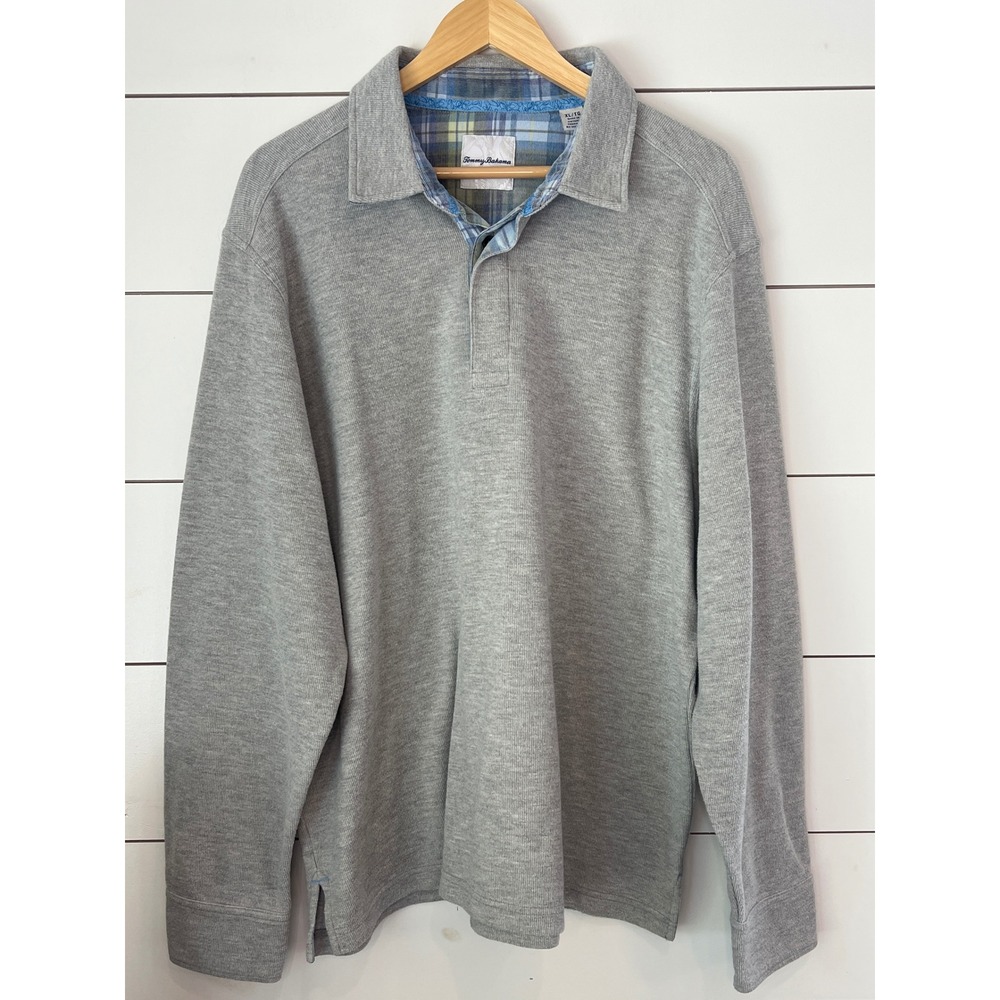 Tommy Bahama Mens XL Heather Gray Long Sleeve Plaid Trim Polo Shirt quiet luxury
